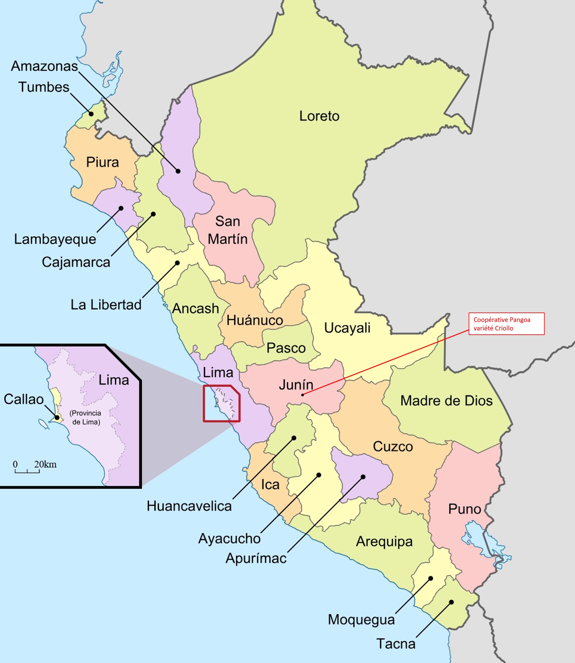Carte du Pérou situant la Coopérative de pangoa